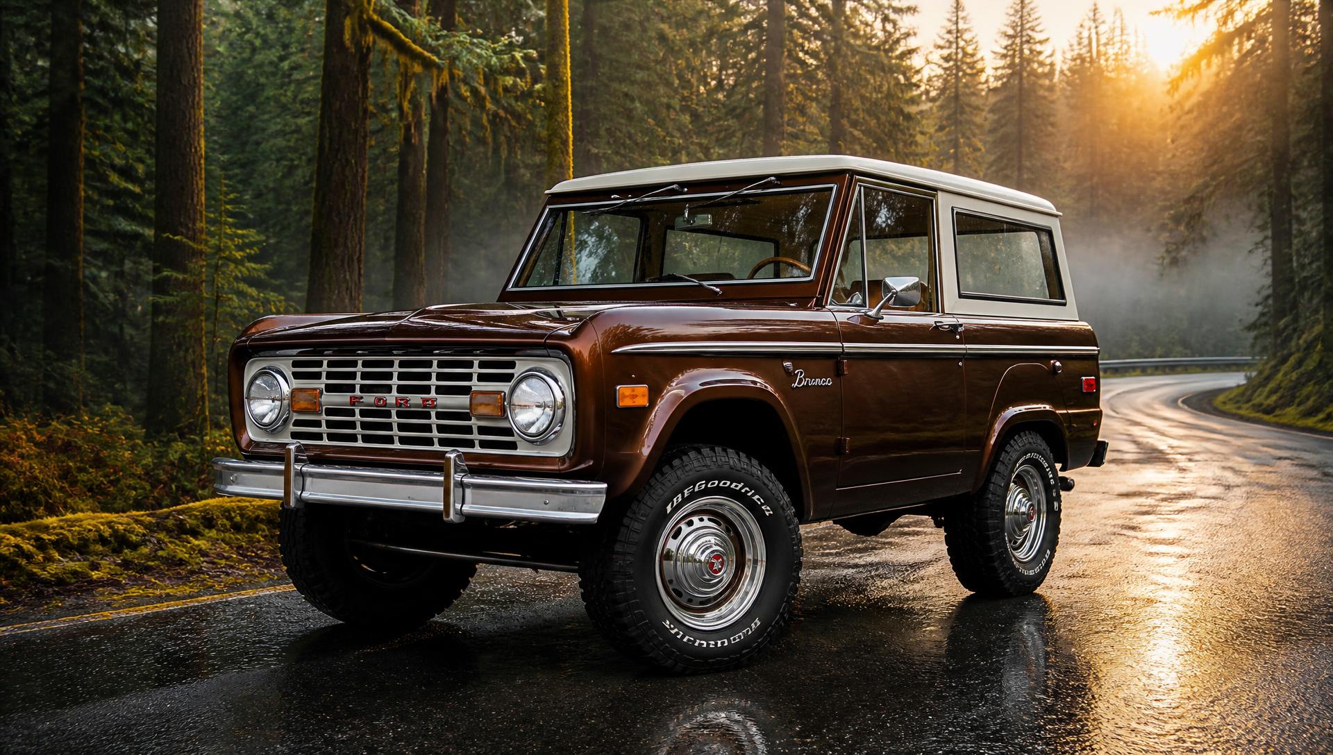1974 Ford Bronco front three-quarter on a misty forest road