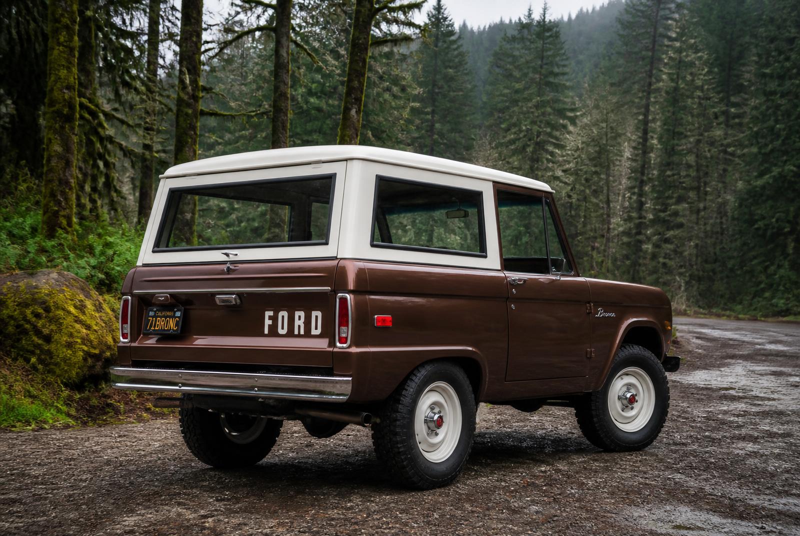 Rear view of the brown and white 1974 Ford Bronco